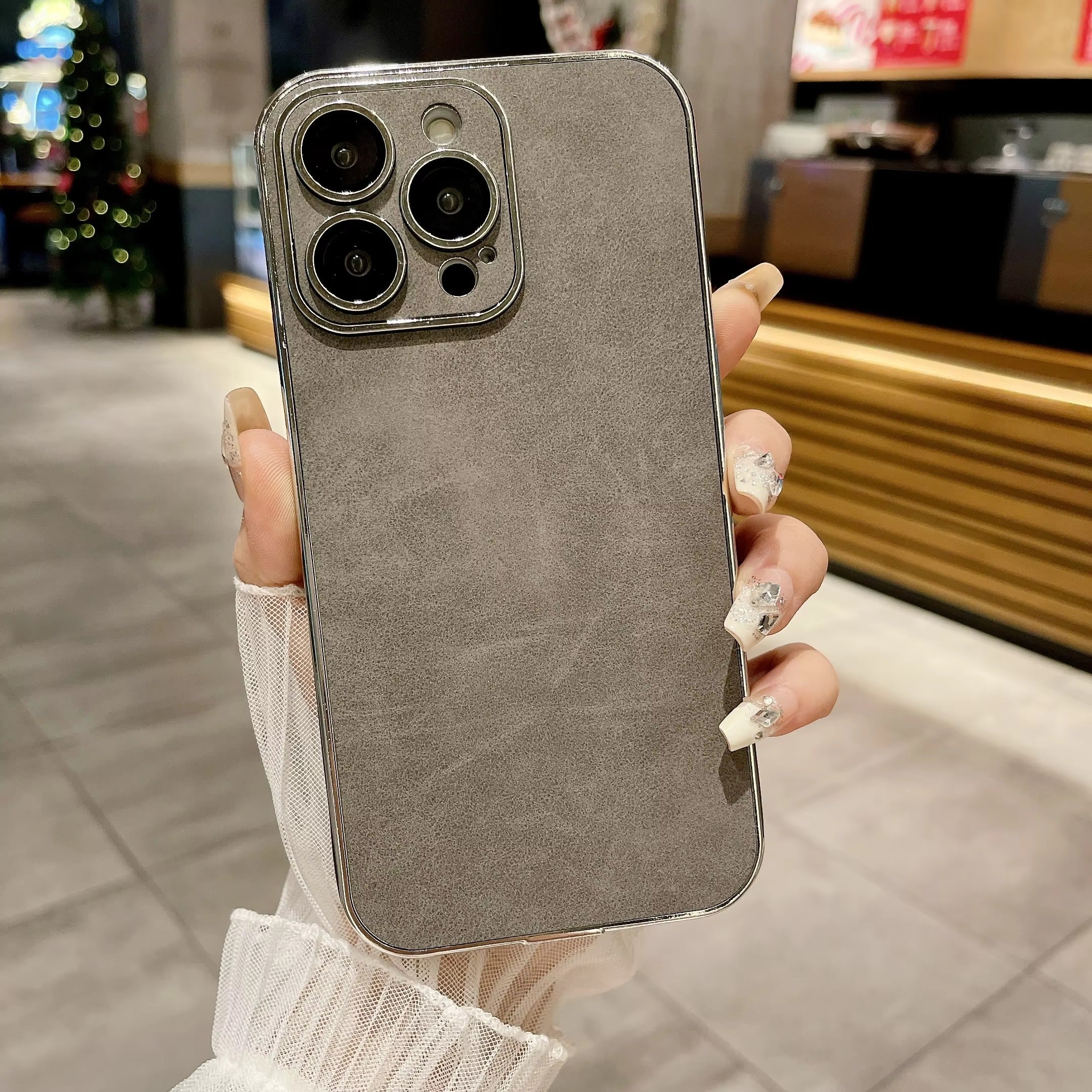 Luxury iPhone Case — Suede Leather Electroplated Ultra-Thin Cover with Soft Silicone Edges, Shockproof Non-Slip Design and Camera Lens Protection