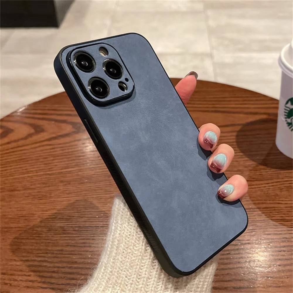 Luxury iPhone Case — Suede Leather Electroplated Ultra-Thin Cover with Soft Silicone Edges, Shockproof Non-Slip Design and Camera Lens Protection