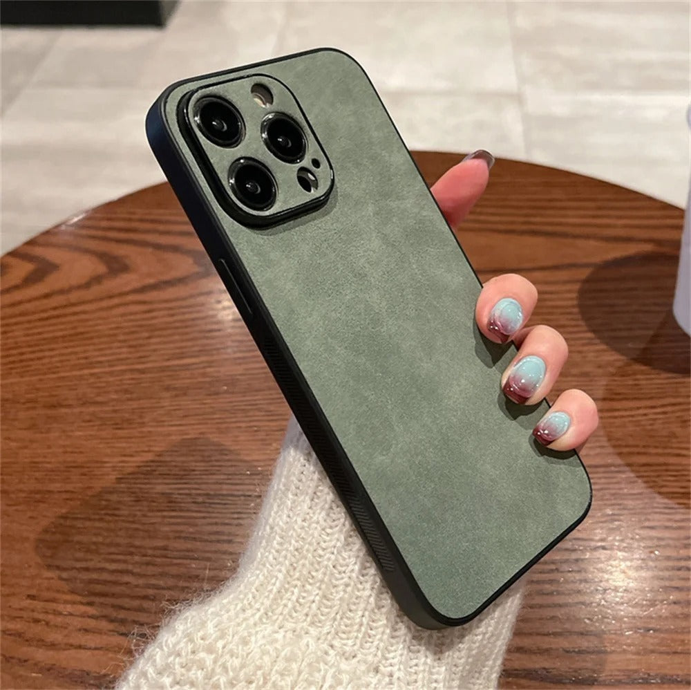 Luxury iPhone Case — Suede Leather Electroplated Ultra-Thin Cover with Soft Silicone Edges, Shockproof Non-Slip Design and Camera Lens Protection