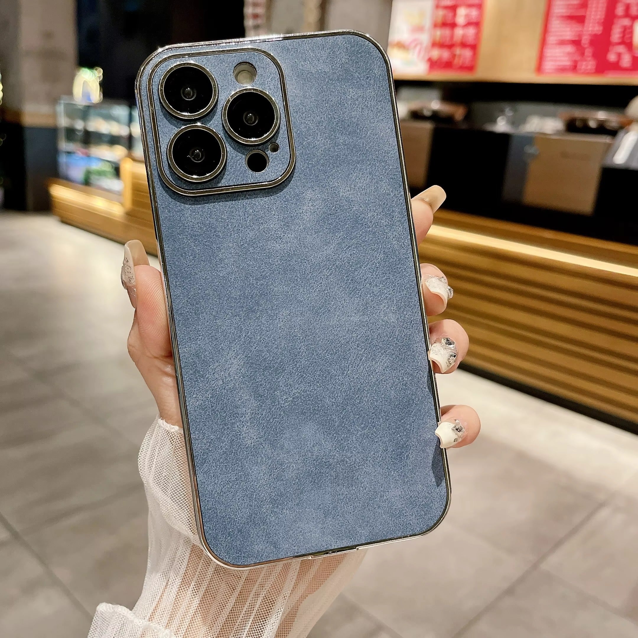 Luxury iPhone Case — Suede Leather Electroplated Ultra-Thin Cover with Soft Silicone Edges, Shockproof Non-Slip Design and Camera Lens Protection