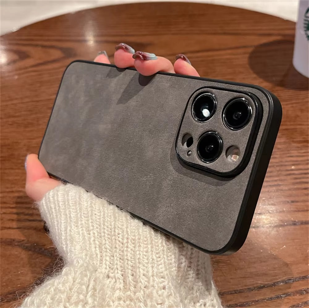 Luxury iPhone Case — Suede Leather Electroplated Ultra-Thin Cover with Soft Silicone Edges, Shockproof Non-Slip Design and Camera Lens Protection