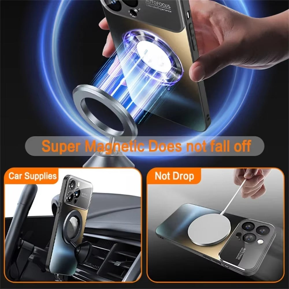 Luxury iPhone Case — Titanium-Metallic Matte MagSafe Cover with Lens Camera Protection, Shockproof PC and Silicone Design and Exposed Logo Style