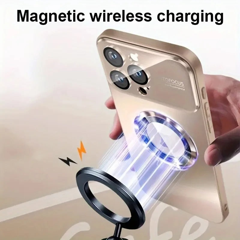 Luxury iPhone Case — Titanium-Metallic Matte MagSafe Cover with Lens Camera Protection, Shockproof PC and Silicone Design and Exposed Logo Style