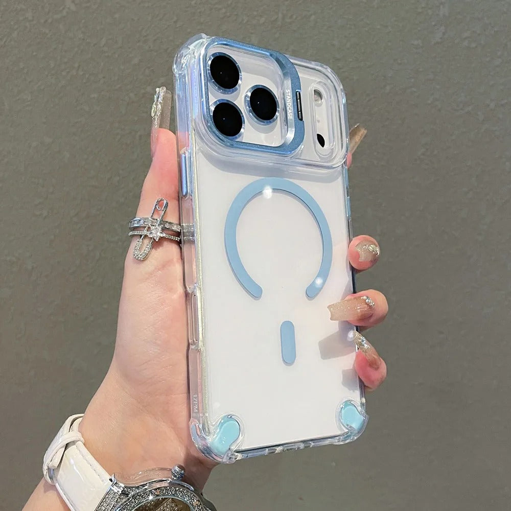 Luxury iPhone Case — Transparent Magnetic Shockproof Cover with Glass Lens Protector, Built-In Stand Holder & Full-Coverage Non-Slip Design