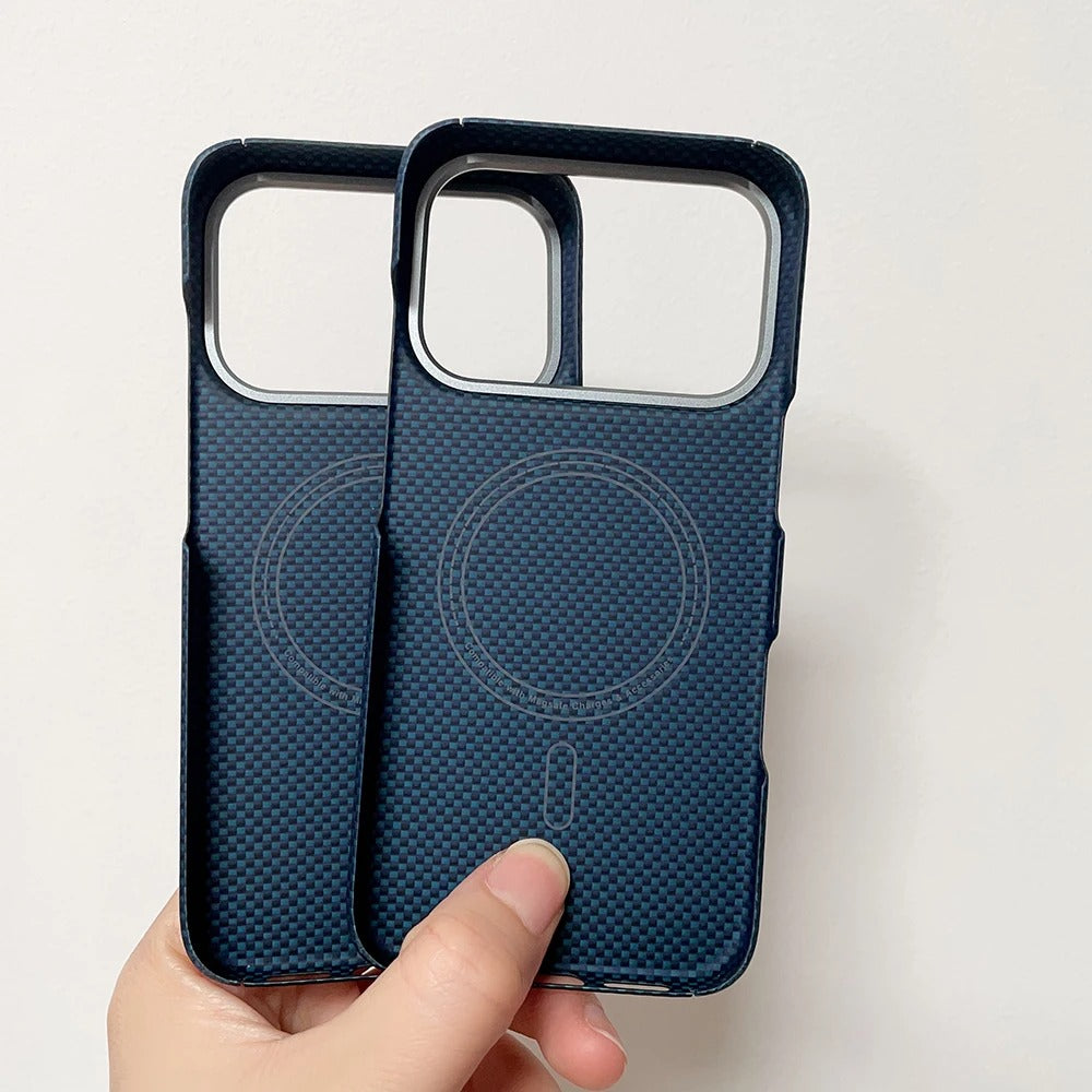 Luxury iPhone Case — Ultra-Thin 600D Real Carbon Fiber MagSafe Cover with Aramid Kevlar Protection, Matte Anti-Fingerprint Full-Coverage Waterproof Design