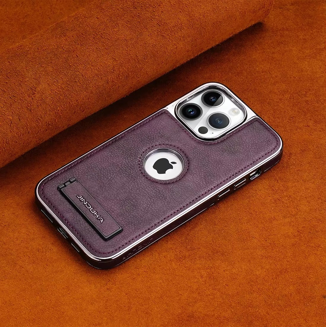 Luxury iPhone Case — Ultra-Thin PU Leather Cover with Invisible Fold Kickstand, Electroplated Bezel, Anti-Fingerprint Anti-Scratch Dustproof Non-Slip Design