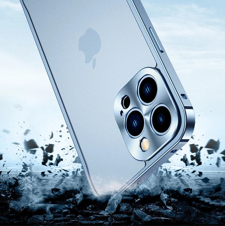 Luxury iPhone Case — Ultra-Thin, Shockproof, Non-Slip, Dirt-Resistant Matte Transparent Cover with Aluminum Metal Bumper, PC Acrylic Back and Camera Lens Protector