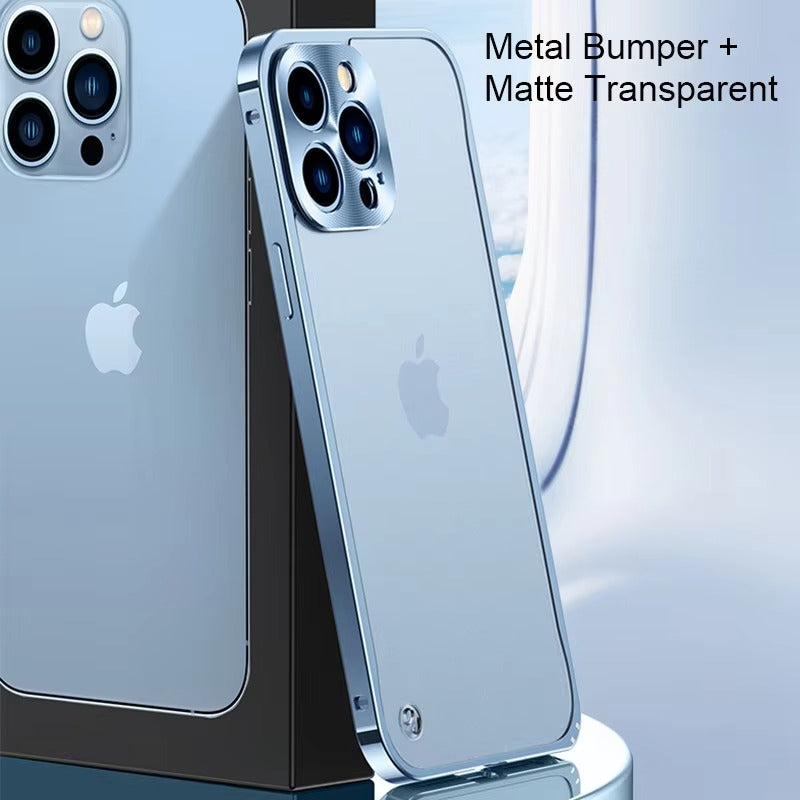 Luxury iPhone Case — Ultra-Thin, Shockproof, Non-Slip, Dirt-Resistant Matte Transparent Cover with Aluminum Metal Bumper, PC Acrylic Back and Camera Lens Protector