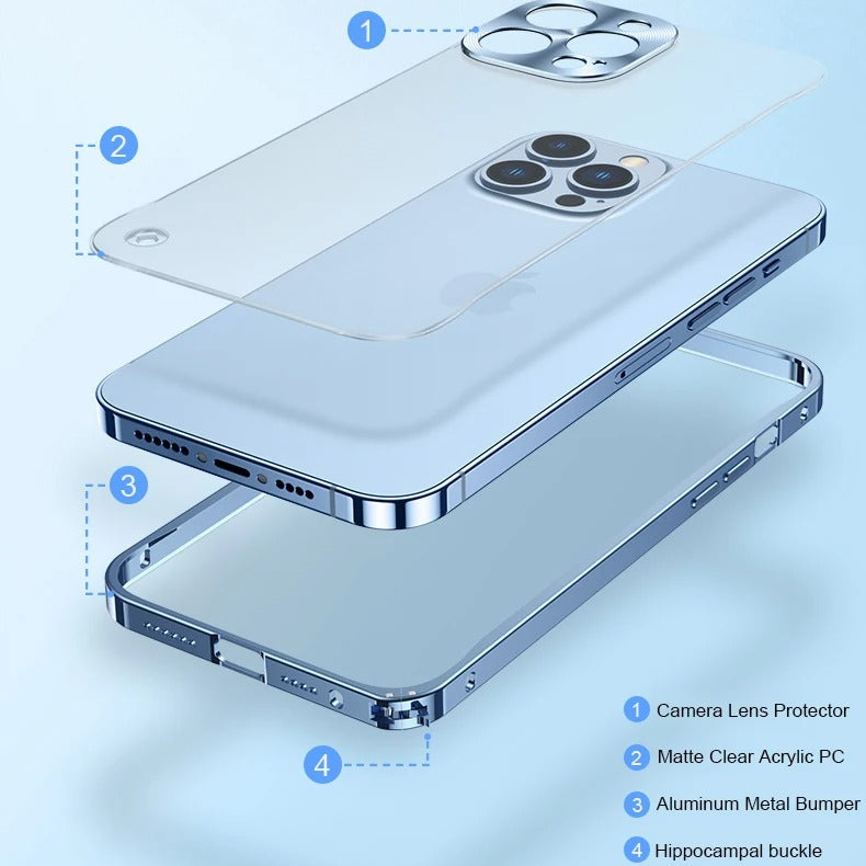 Luxury iPhone Case — Ultra-Thin, Shockproof, Non-Slip, Dirt-Resistant Matte Transparent Cover with Aluminum Metal Bumper, PC Acrylic Back and Camera Lens Protector