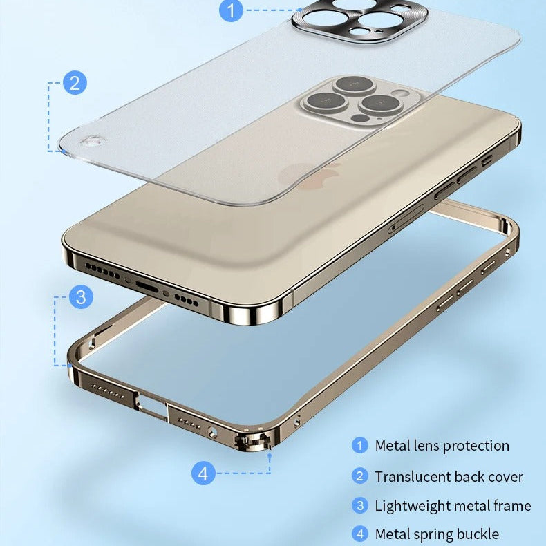 Luxury iPhone Case — Ultra-Thin, Shockproof, Non-Slip, Dirt-Resistant Matte Transparent Cover with Aluminum Metal Bumper, PC Acrylic Back and Camera Lens Protector