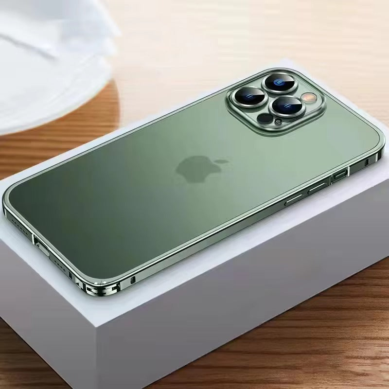 Luxury iPhone Case — Ultra-Thin, Shockproof, Non-Slip, Dirt-Resistant Matte Transparent Cover with Aluminum Metal Bumper, PC Acrylic Back and Camera Lens Protector