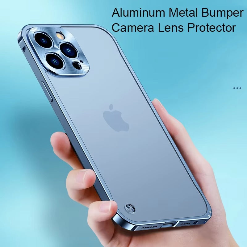 Luxury iPhone Case — Ultra-Thin, Shockproof, Non-Slip, Dirt-Resistant Matte Transparent Cover with Aluminum Metal Bumper, PC Acrylic Back and Camera Lens Protector