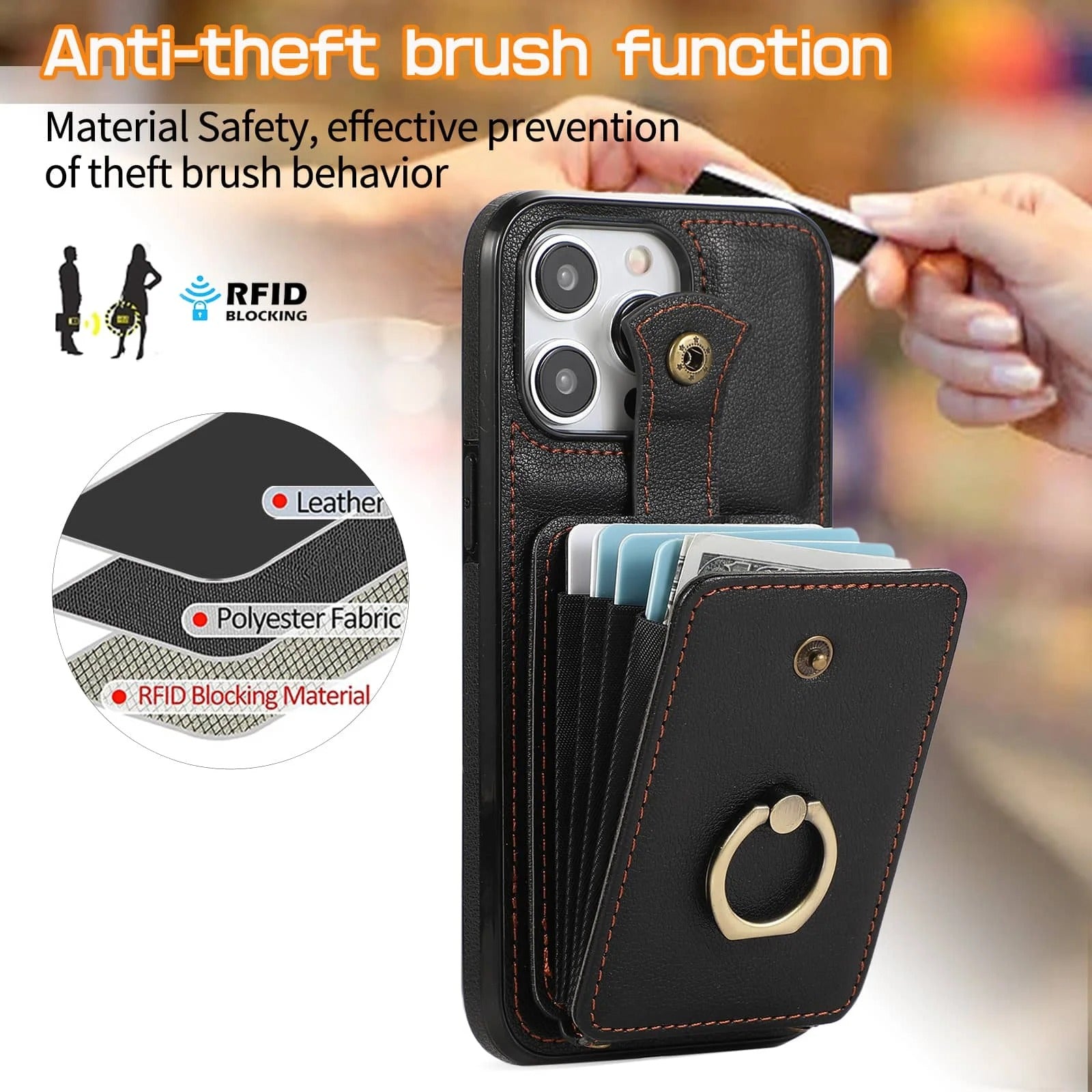 Luxury iPhone Case — Wallet Cover with Card Holder, 360° Rotating Finger Ring Kickstand, RFID-Blocking PU Leather Full-Protection Design for iPhone 17 Pro Max and Air