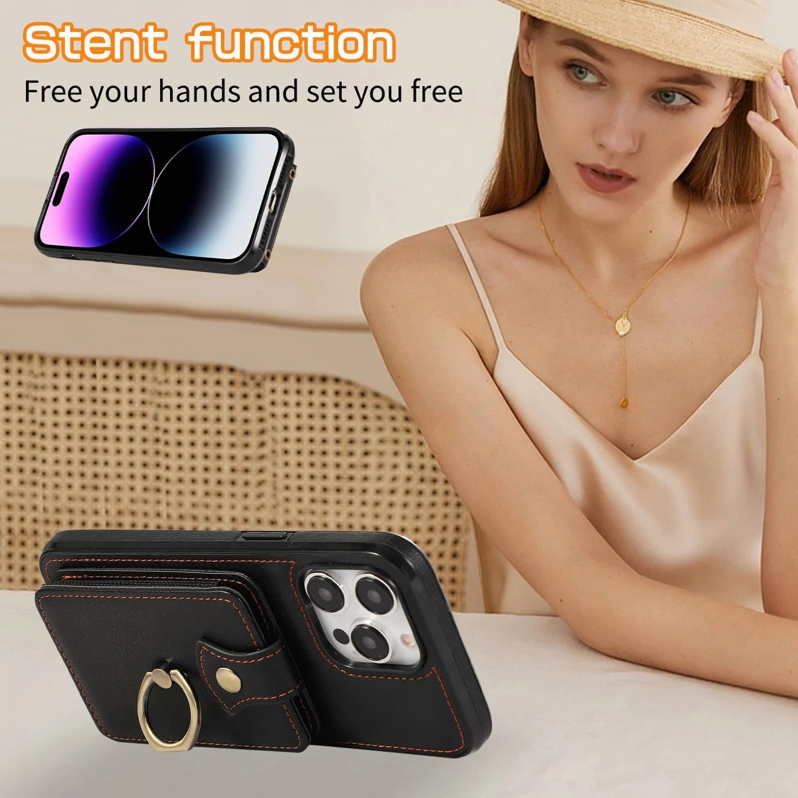 Luxury iPhone Case — Wallet Cover with Card Holder, 360° Rotating Finger Ring Kickstand, RFID-Blocking PU Leather Full-Protection Design for iPhone 17 Pro Max and Air