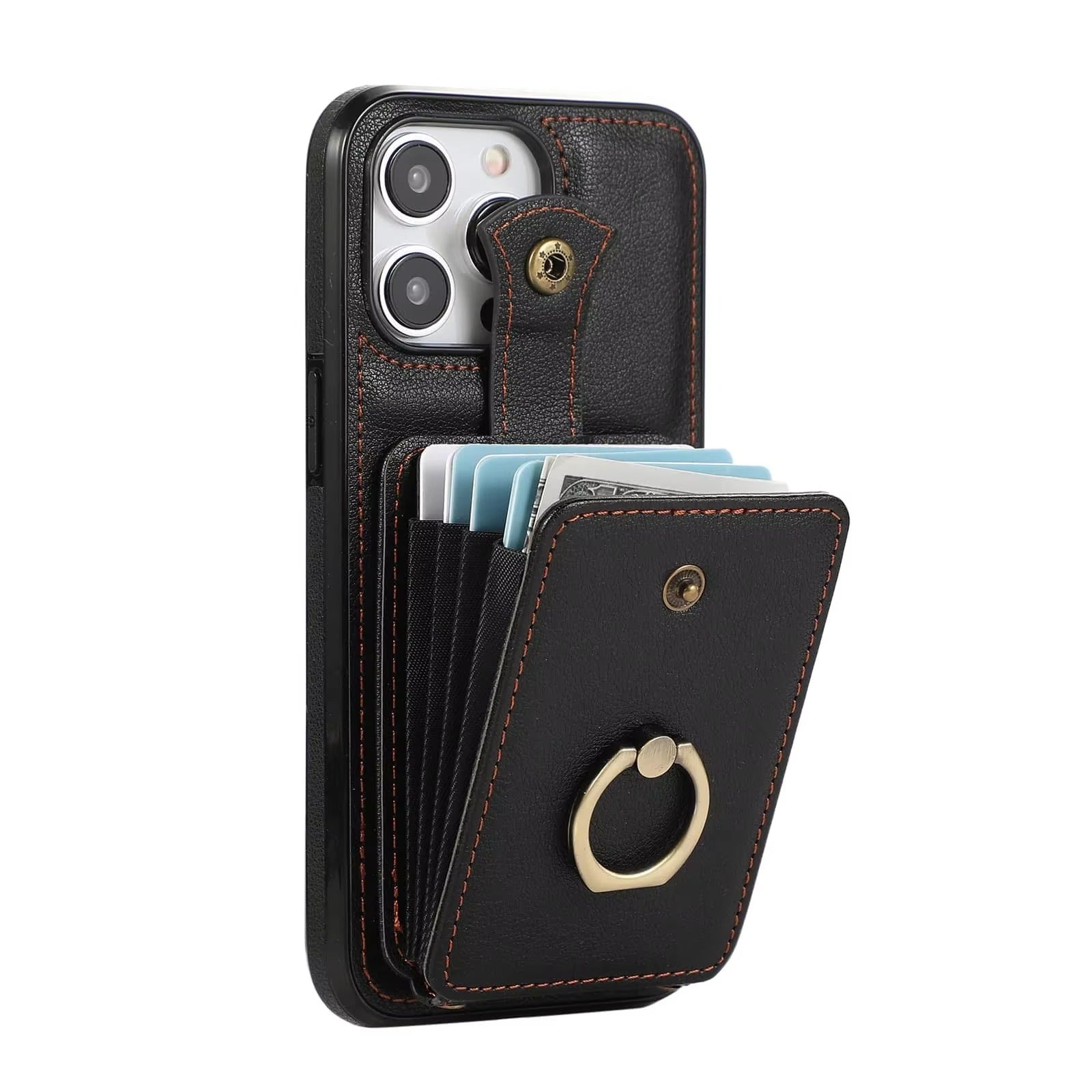 Luxury iPhone Case — Wallet Cover with Card Holder, 360° Rotating Finger Ring Kickstand, RFID-Blocking PU Leather Full-Protection Design for iPhone 17 Pro Max and Air