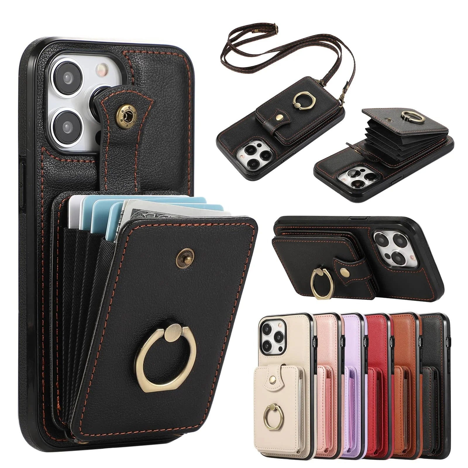 Luxury iPhone Case — Wallet Cover with Card Holder, 360° Rotating Finger Ring Kickstand, RFID-Blocking PU Leather Full-Protection Design for iPhone 17 Pro Max and Air