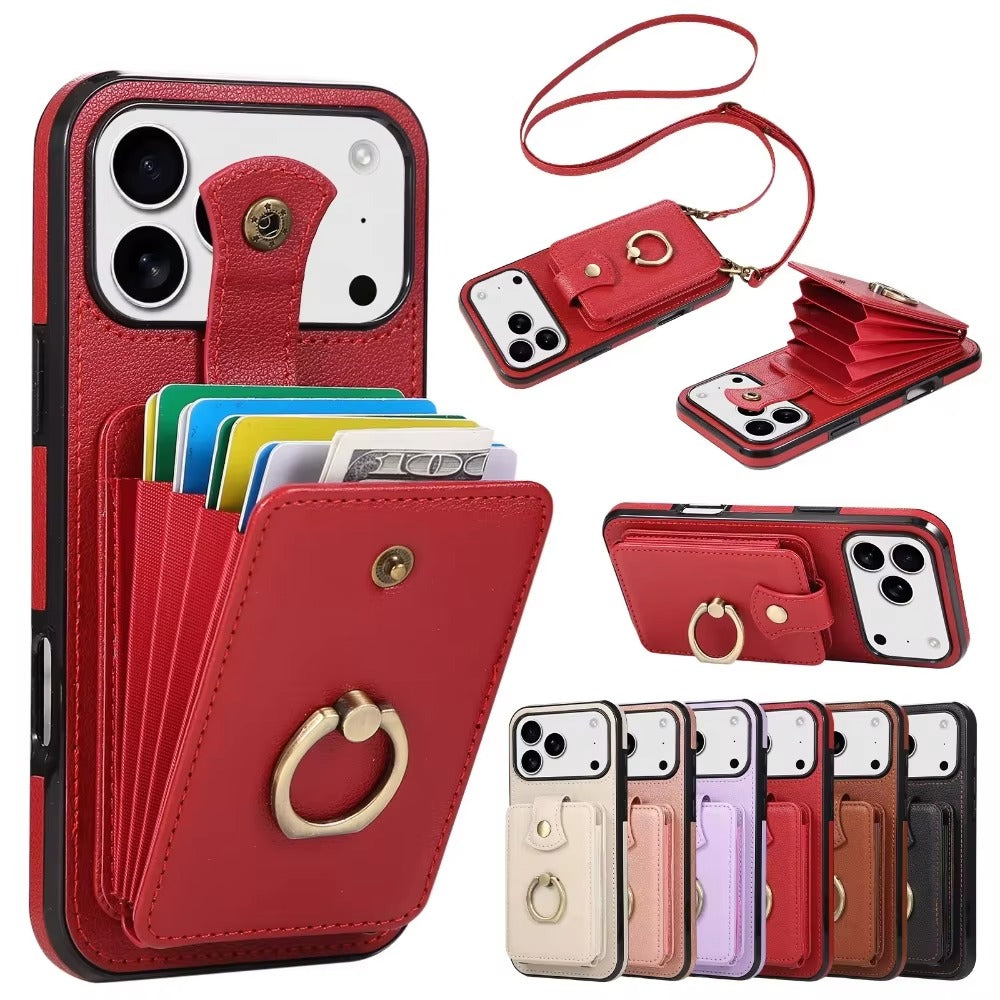 Luxury iPhone Case — Wallet Cover with Card Holder, 360° Rotating Finger Ring Kickstand, RFID-Blocking PU Leather Full-Protection Design for iPhone 17 Pro Max and Air