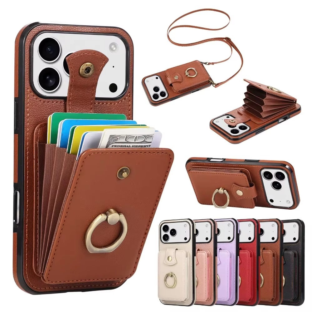 Luxury iPhone Case — Wallet Cover with Card Holder, 360° Rotating Finger Ring Kickstand, RFID-Blocking PU Leather Full-Protection Design for iPhone 17 Pro Max and Air