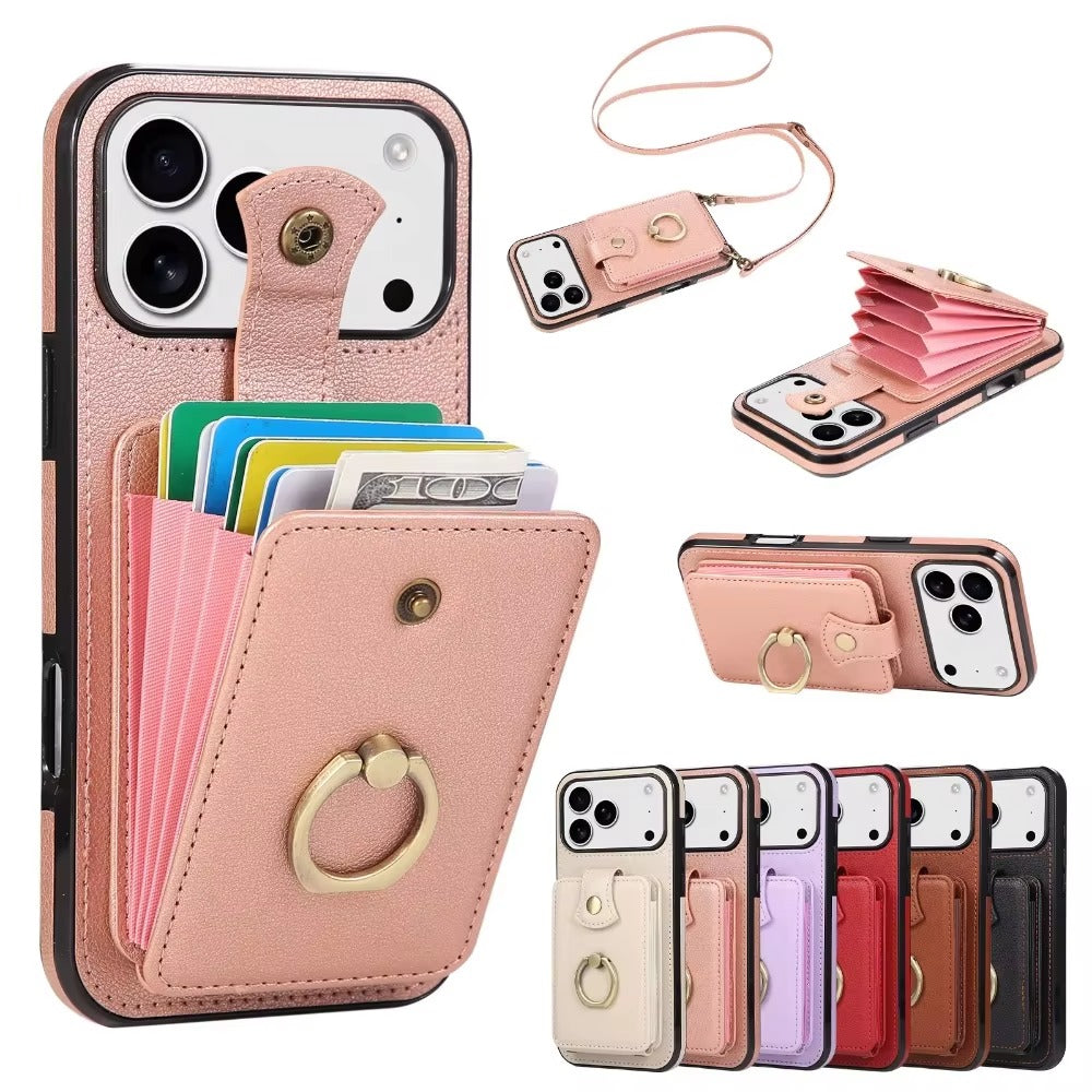 Luxury iPhone Case — Wallet Cover with Card Holder, 360° Rotating Finger Ring Kickstand, RFID-Blocking PU Leather Full-Protection Design for iPhone 17 Pro Max and Air
