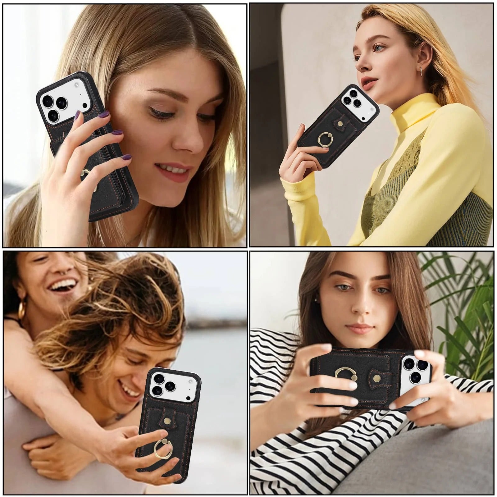 Luxury iPhone Case — Wallet Cover with Card Holder, 360° Rotating Finger Ring Kickstand, RFID-Blocking PU Leather Full-Protection Design for iPhone 17 Pro Max and Air