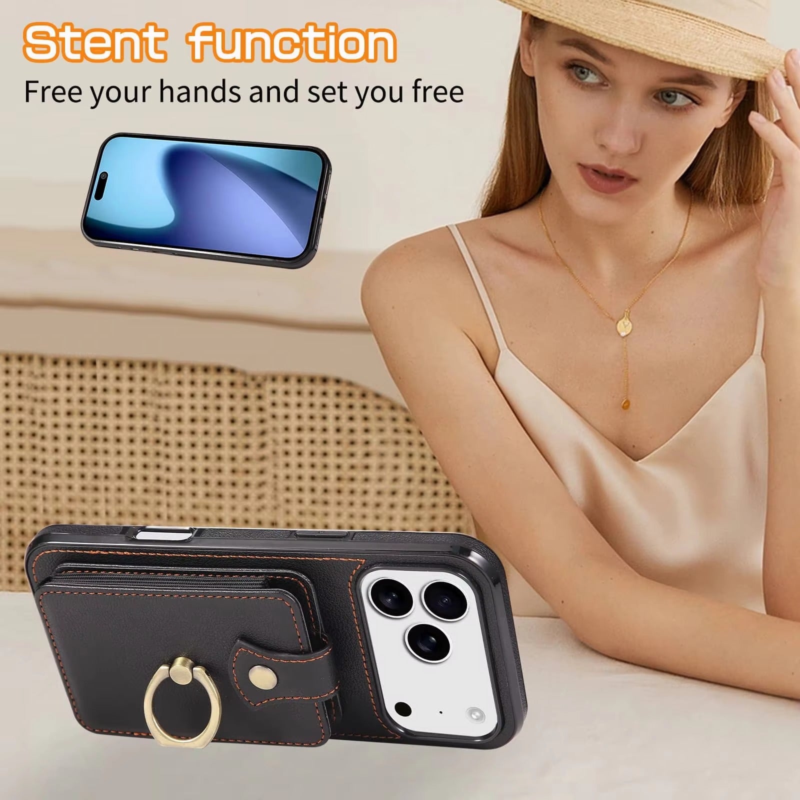 Luxury iPhone Case — Wallet Cover with Card Holder, 360° Rotating Finger Ring Kickstand, RFID-Blocking PU Leather Full-Protection Design for iPhone 17 Pro Max and Air