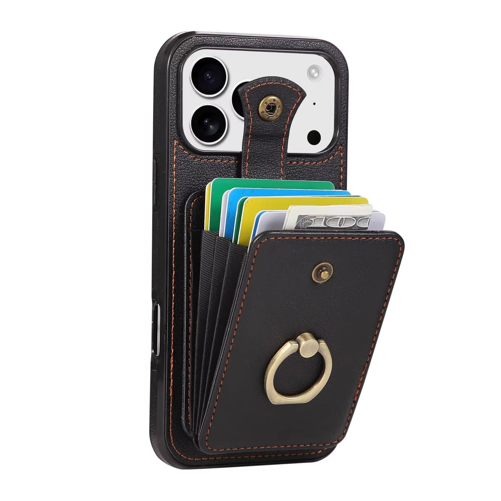 Luxury iPhone Case — Wallet Cover with Card Holder, 360° Rotating Finger Ring Kickstand, RFID-Blocking PU Leather Full-Protection Design for iPhone 17 Pro Max and Air