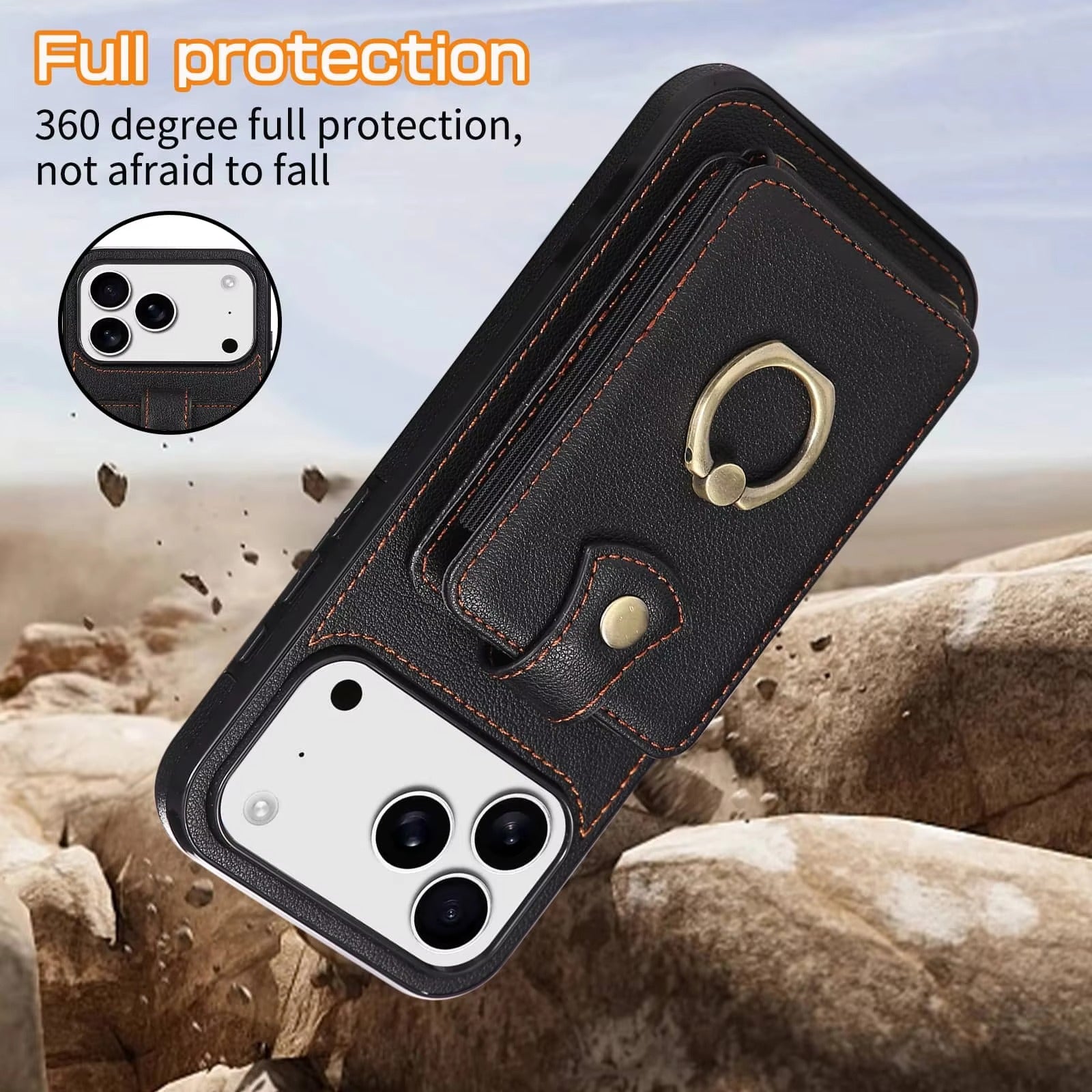 Luxury iPhone Case — Wallet Cover with Card Holder, 360° Rotating Finger Ring Kickstand, RFID-Blocking PU Leather Full-Protection Design for iPhone 17 Pro Max and Air