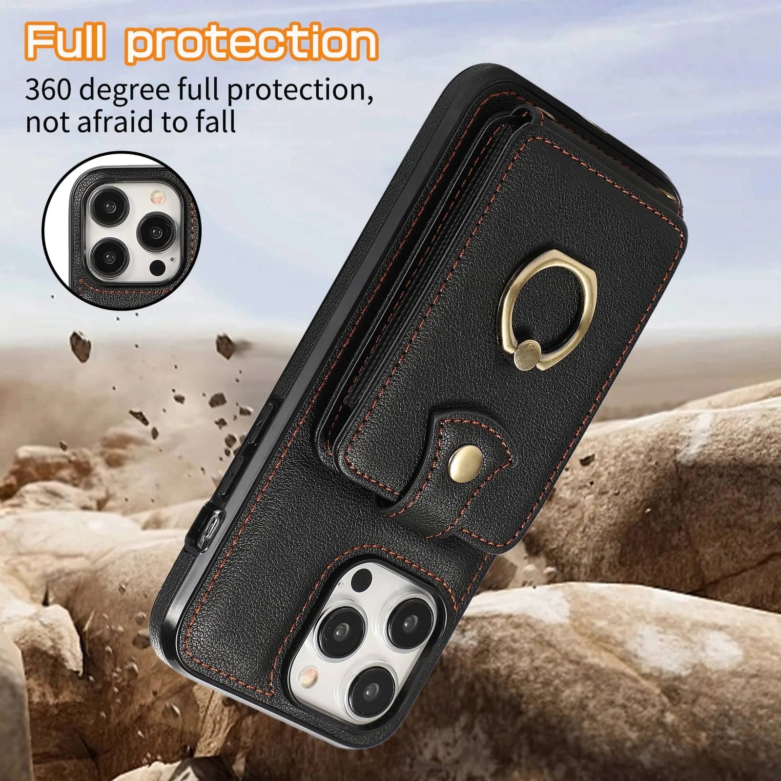 Luxury iPhone Case — Wallet Cover with Card Holder, 360° Rotating Finger Ring Kickstand, RFID-Blocking PU Leather Full-Protection Design for iPhone 17 Pro Max and Air