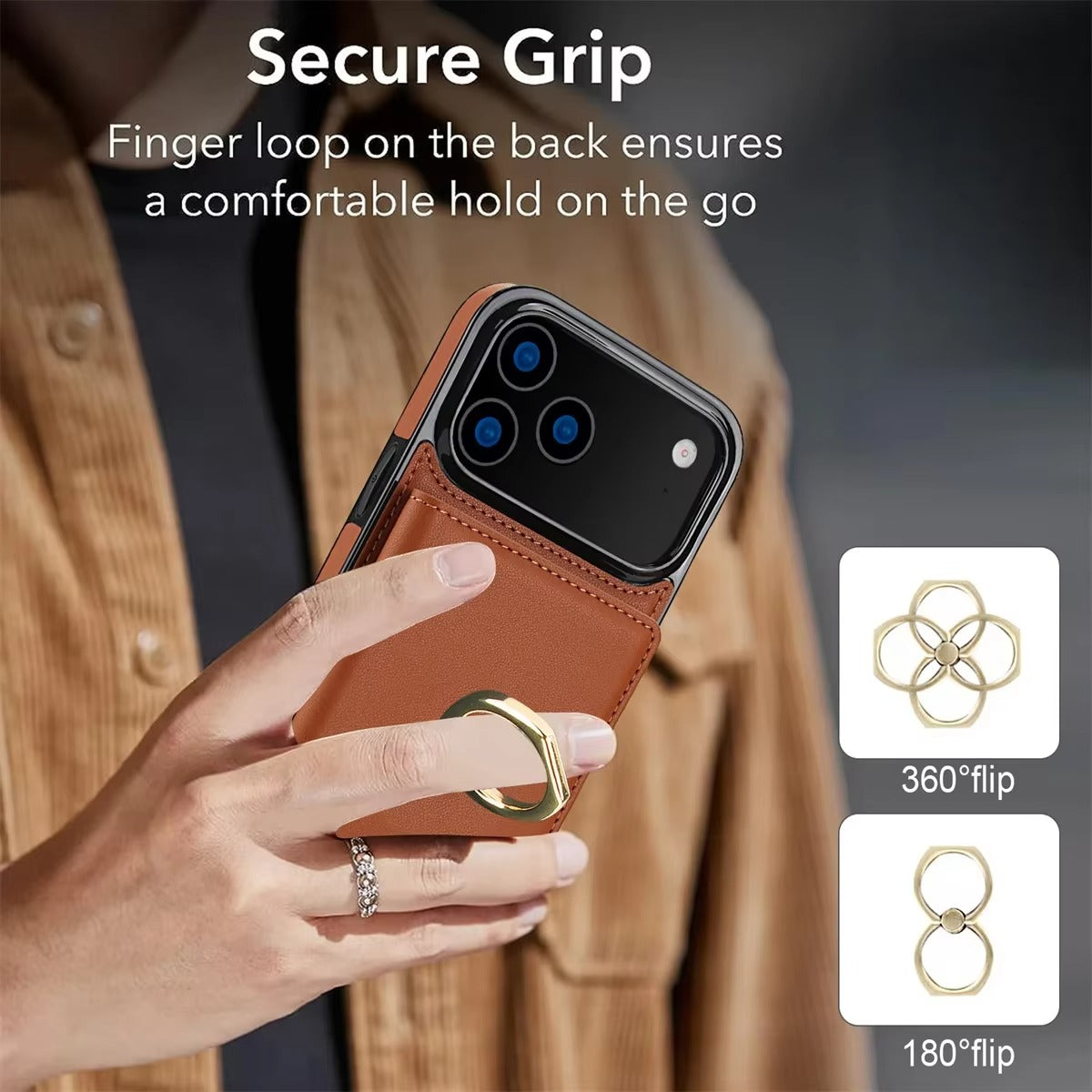 Luxury iPhone Case — Wallet Cover with Card Holder, 360° Rotating Ring Kickstand, Magnetic Clasp & Shockproof PU Leather Full-Coverage Design for iPhone 17 Pro Max and Air