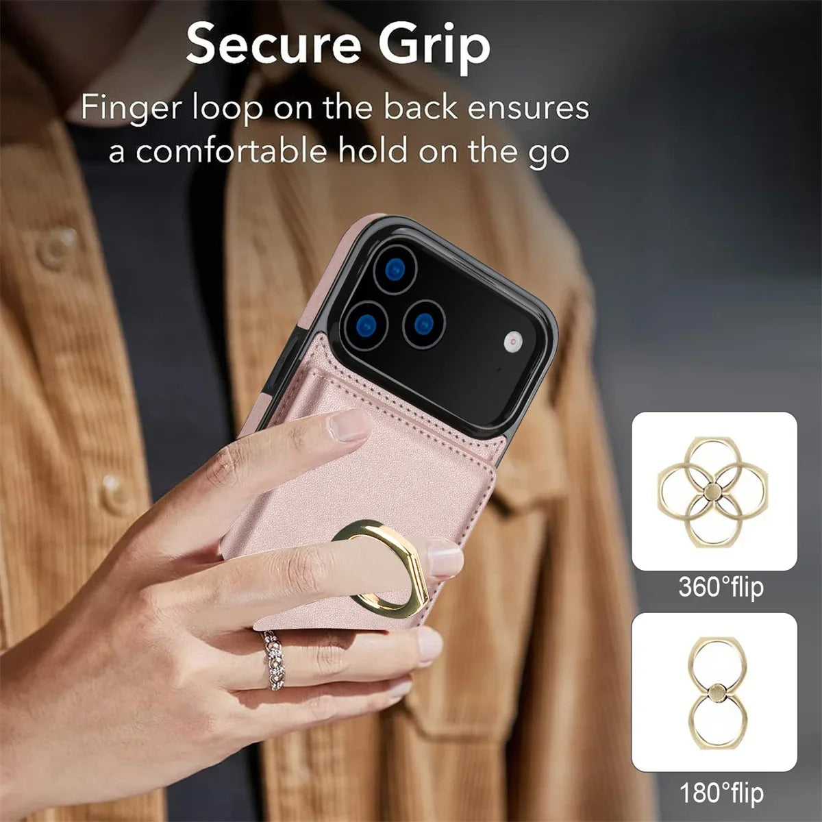 Luxury iPhone Case — Wallet Cover with Card Holder, 360° Rotating Ring Kickstand, Magnetic Clasp & Shockproof PU Leather Full-Coverage Design for iPhone 17 Pro Max and Air