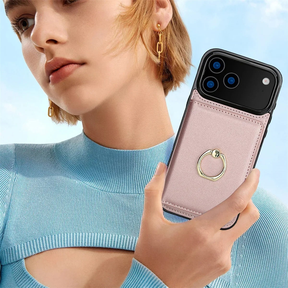 Luxury iPhone Case — Wallet Cover with Card Holder, 360° Rotating Ring Kickstand, Magnetic Clasp & Shockproof PU Leather Full-Coverage Design for iPhone 17 Pro Max and Air