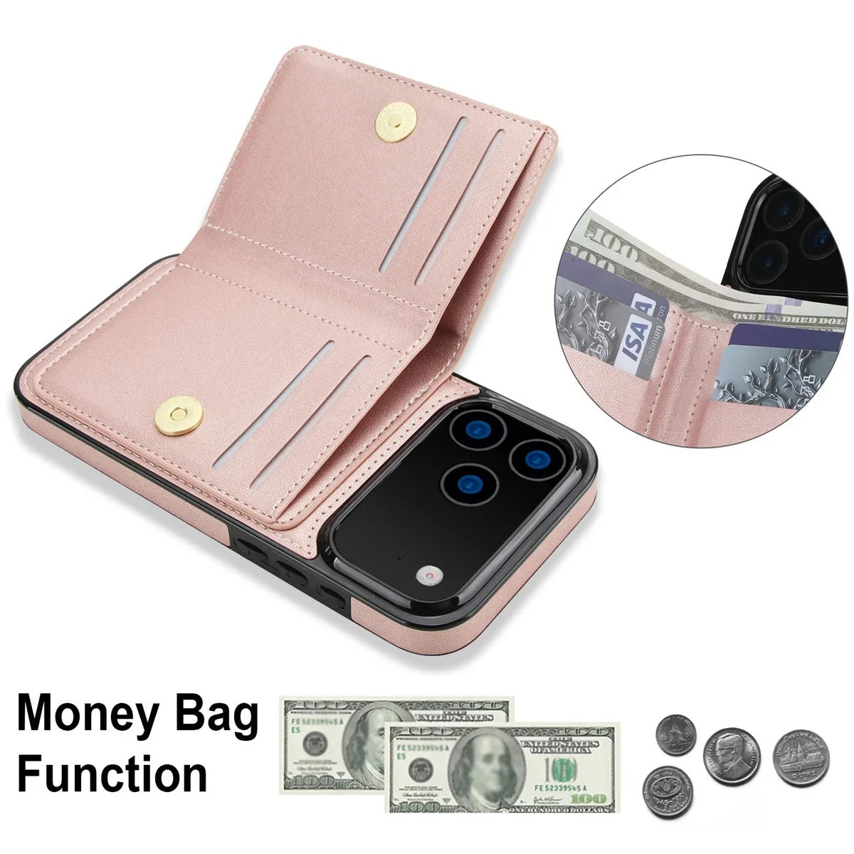 Luxury iPhone Case — Wallet Cover with Card Holder, 360° Rotating Ring Kickstand, Magnetic Clasp & Shockproof PU Leather Full-Coverage Design for iPhone 17 Pro Max and Air