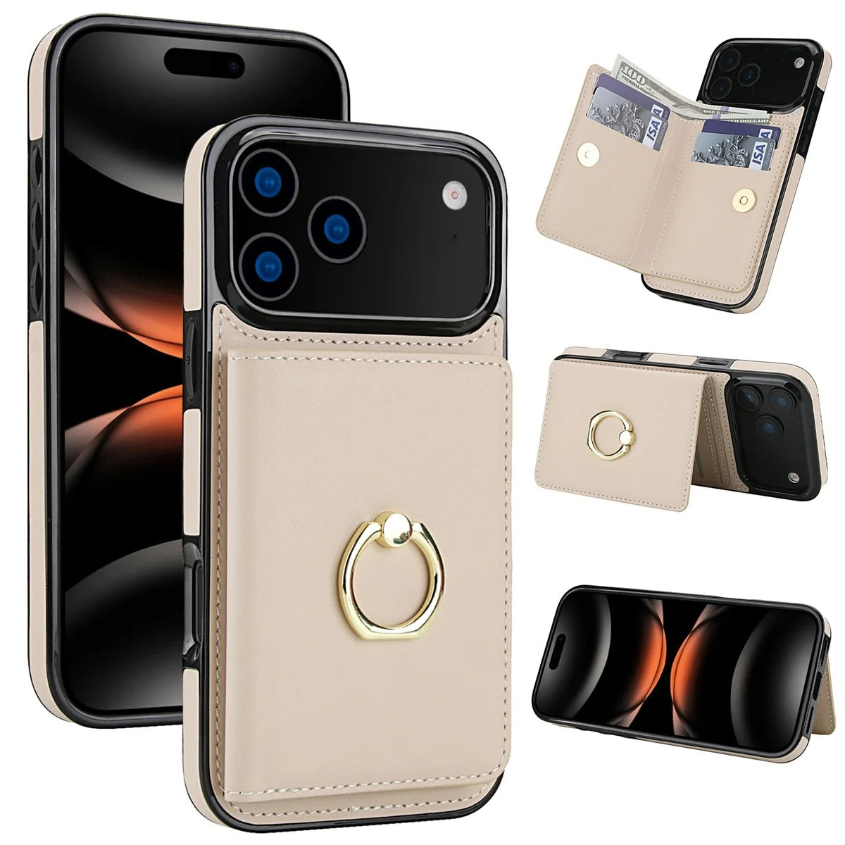 Luxury iPhone Case — Wallet Cover with Card Holder, 360° Rotating Ring Kickstand, Magnetic Clasp & Shockproof PU Leather Full-Coverage Design for iPhone 17 Pro Max and Air