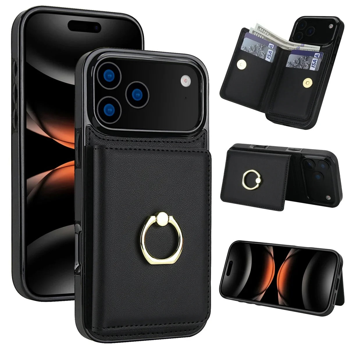 Luxury iPhone Case — Wallet Cover with Card Holder, 360° Rotating Ring Kickstand, Magnetic Clasp & Shockproof PU Leather Full-Coverage Design for iPhone 17 Pro Max and Air