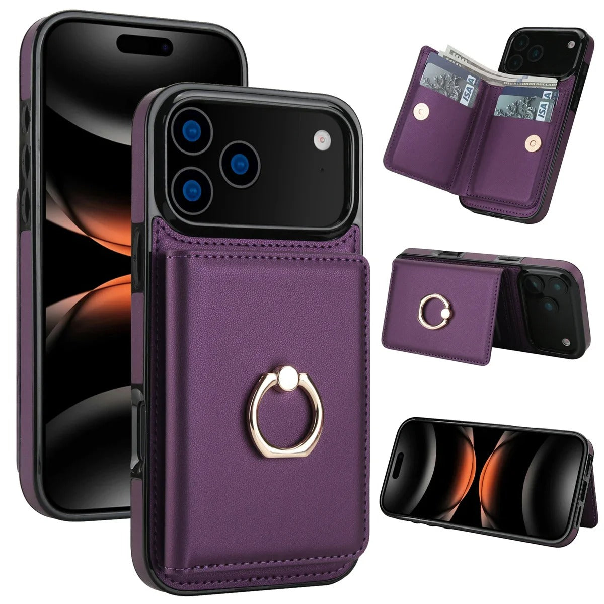 Luxury iPhone Case — Wallet Cover with Card Holder, 360° Rotating Ring Kickstand, Magnetic Clasp & Shockproof PU Leather Full-Coverage Design for iPhone 17 Pro Max and Air