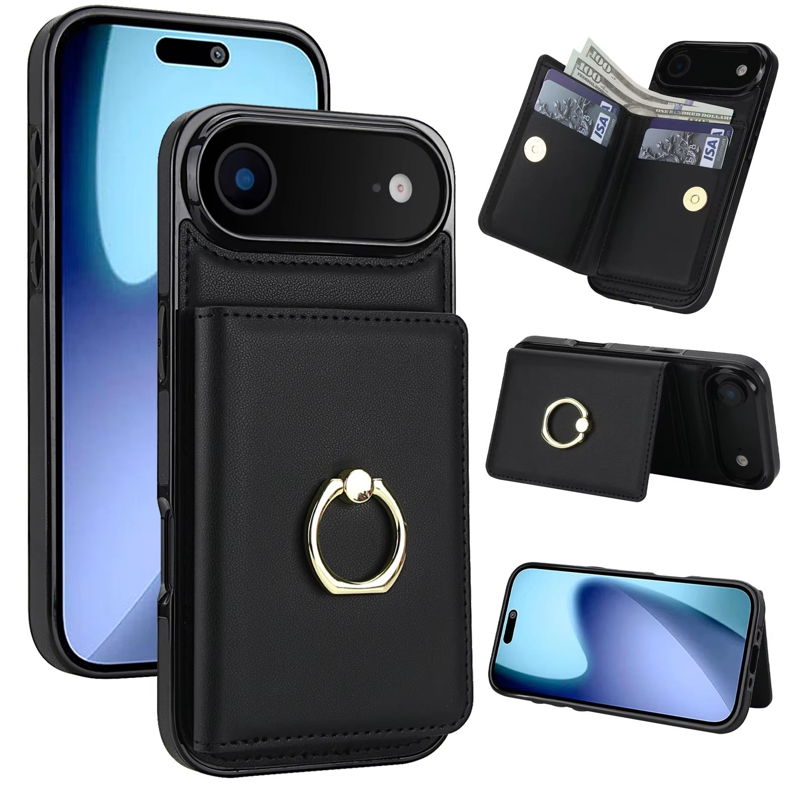 Luxury iPhone Case — Wallet Cover with Card Holder, 360° Rotating Ring Kickstand, Magnetic Clasp & Shockproof PU Leather Full-Coverage Design for iPhone 17 Pro Max and Air