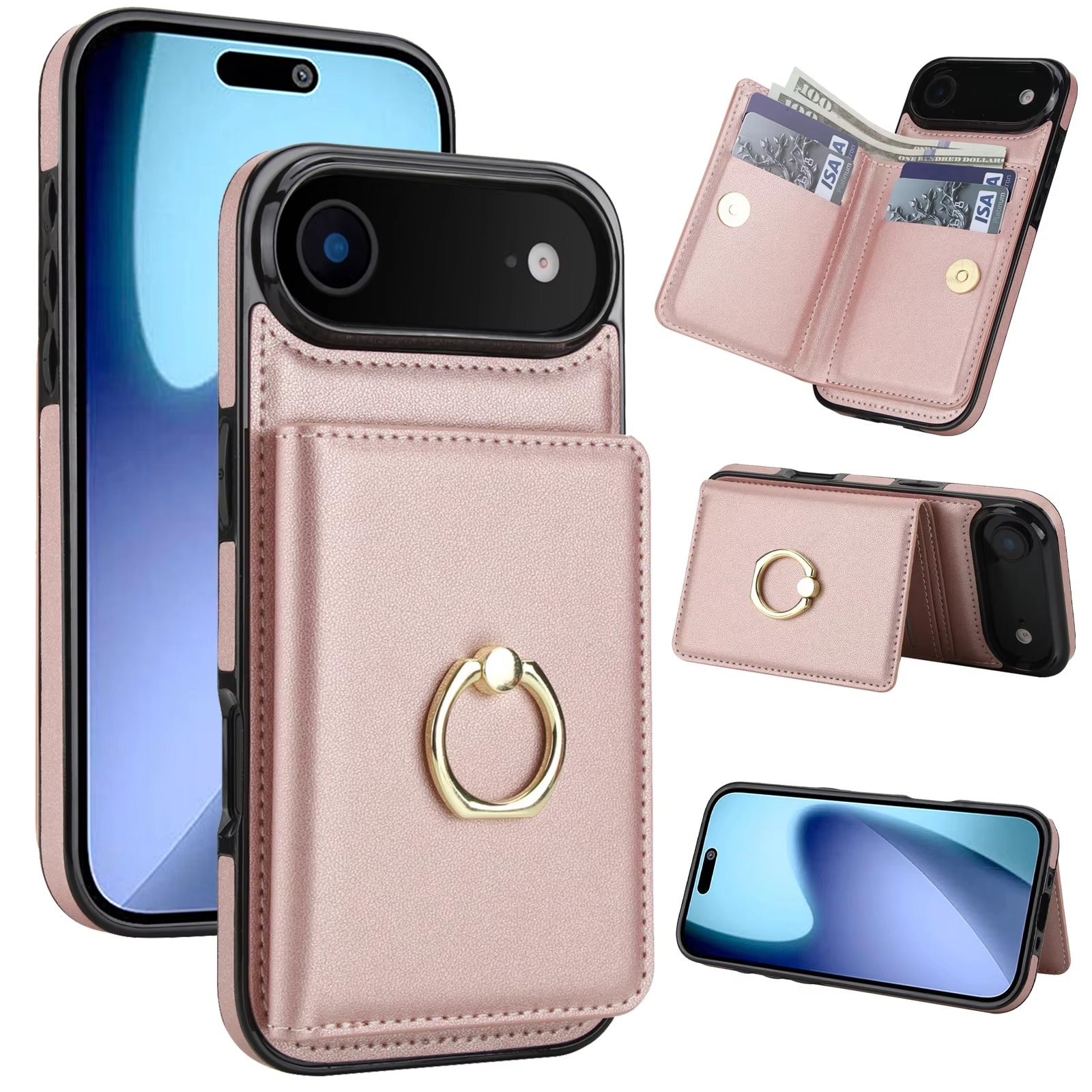 Luxury iPhone Case — Wallet Cover with Card Holder, 360° Rotating Ring Kickstand, Magnetic Clasp & Shockproof PU Leather Full-Coverage Design for iPhone 17 Pro Max and Air