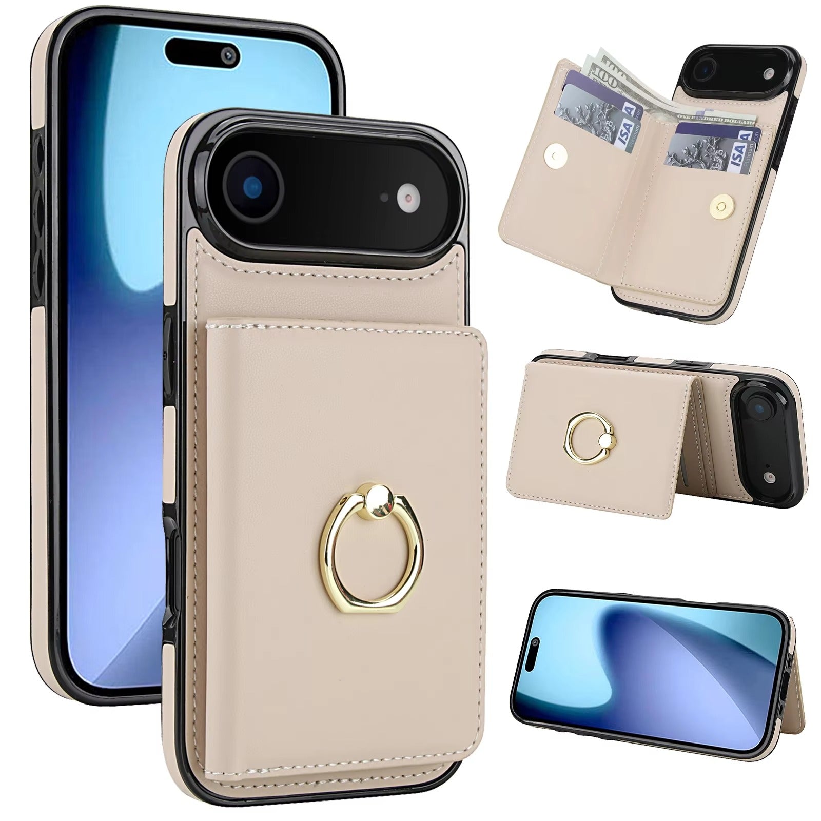 Luxury iPhone Case — Wallet Cover with Card Holder, 360° Rotating Ring Kickstand, Magnetic Clasp & Shockproof PU Leather Full-Coverage Design for iPhone 17 Pro Max and Air