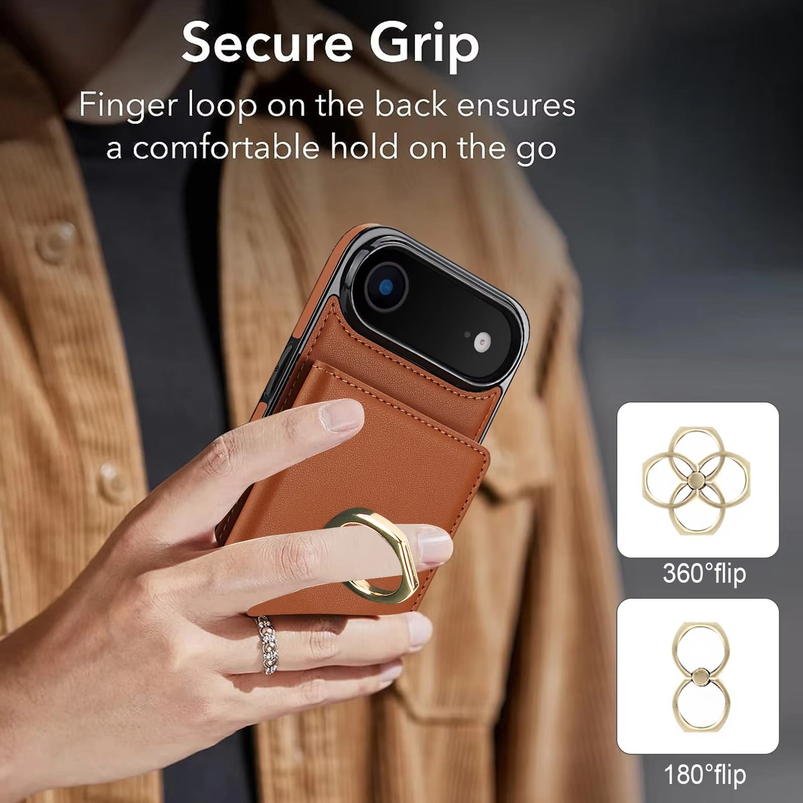Luxury iPhone Case — Wallet Cover with Card Holder, 360° Rotating Ring Kickstand, Magnetic Clasp & Shockproof PU Leather Full-Coverage Design for iPhone 17 Pro Max and Air