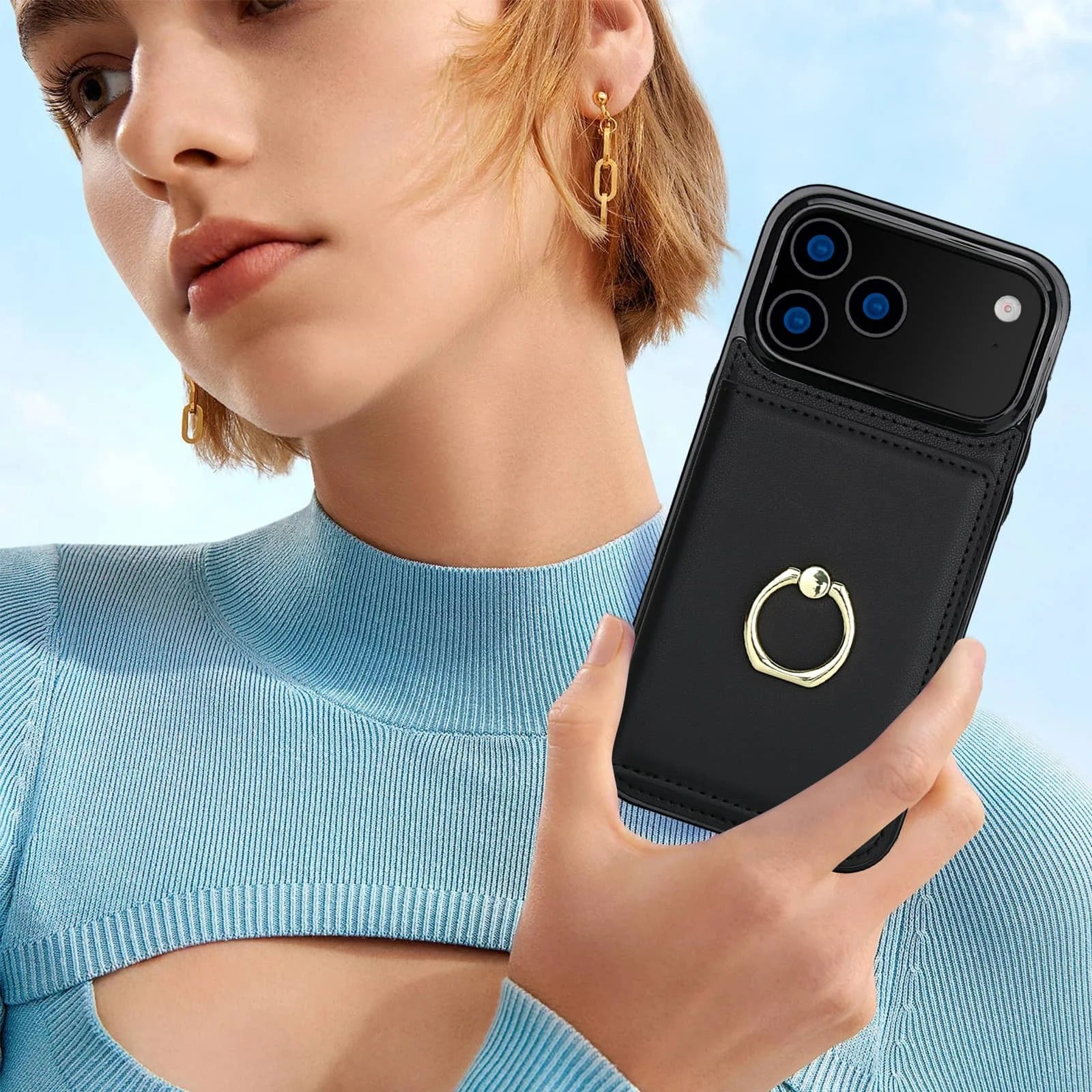 Luxury iPhone Case — Wallet Cover with Card Holder, 360° Rotating Ring Kickstand, Magnetic Clasp & Shockproof PU Leather Full-Coverage Design for iPhone 17 Pro Max and Air