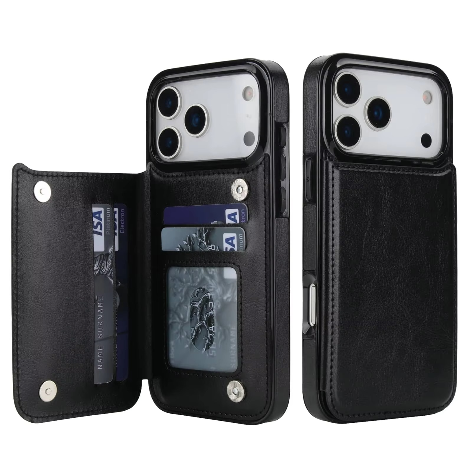 Luxury iPhone Case — Wallet Cover with Card Holder, Faux Leather Kickstand, Double Magnetic Clasp, Durable Shockproof Soft Case, Plain Design