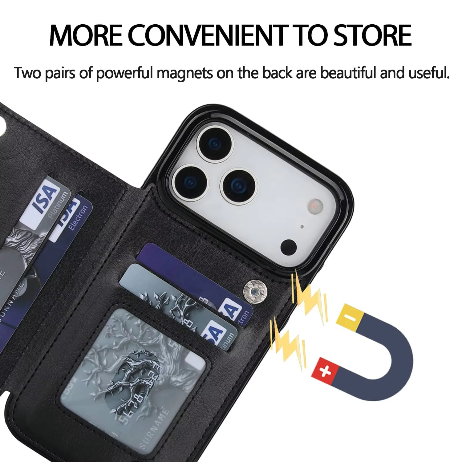 Luxury iPhone Case — Wallet Cover with Card Holder, Faux Leather Kickstand, Double Magnetic Clasp, Durable Shockproof Soft Case, Plain Design