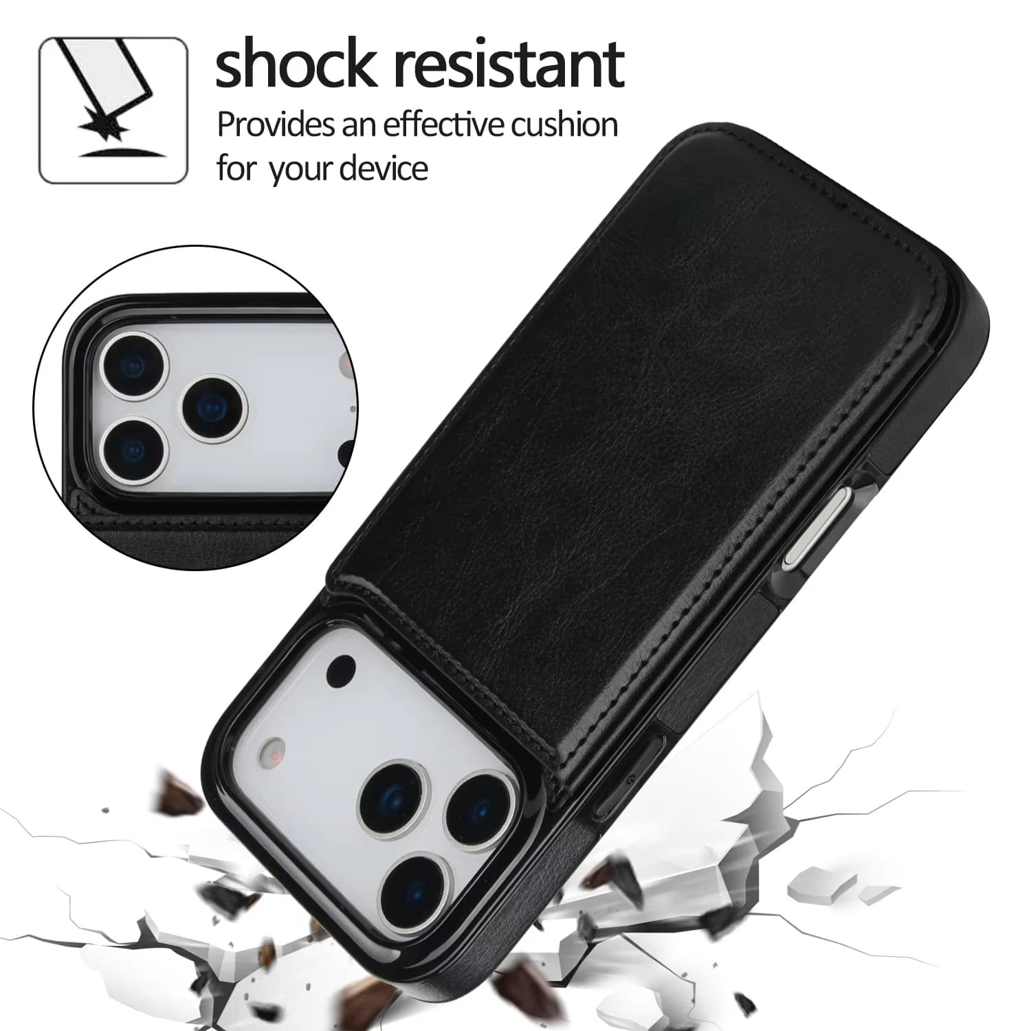 Luxury iPhone Case — Wallet Cover with Card Holder, Faux Leather Kickstand, Double Magnetic Clasp, Durable Shockproof Soft Case, Plain Design