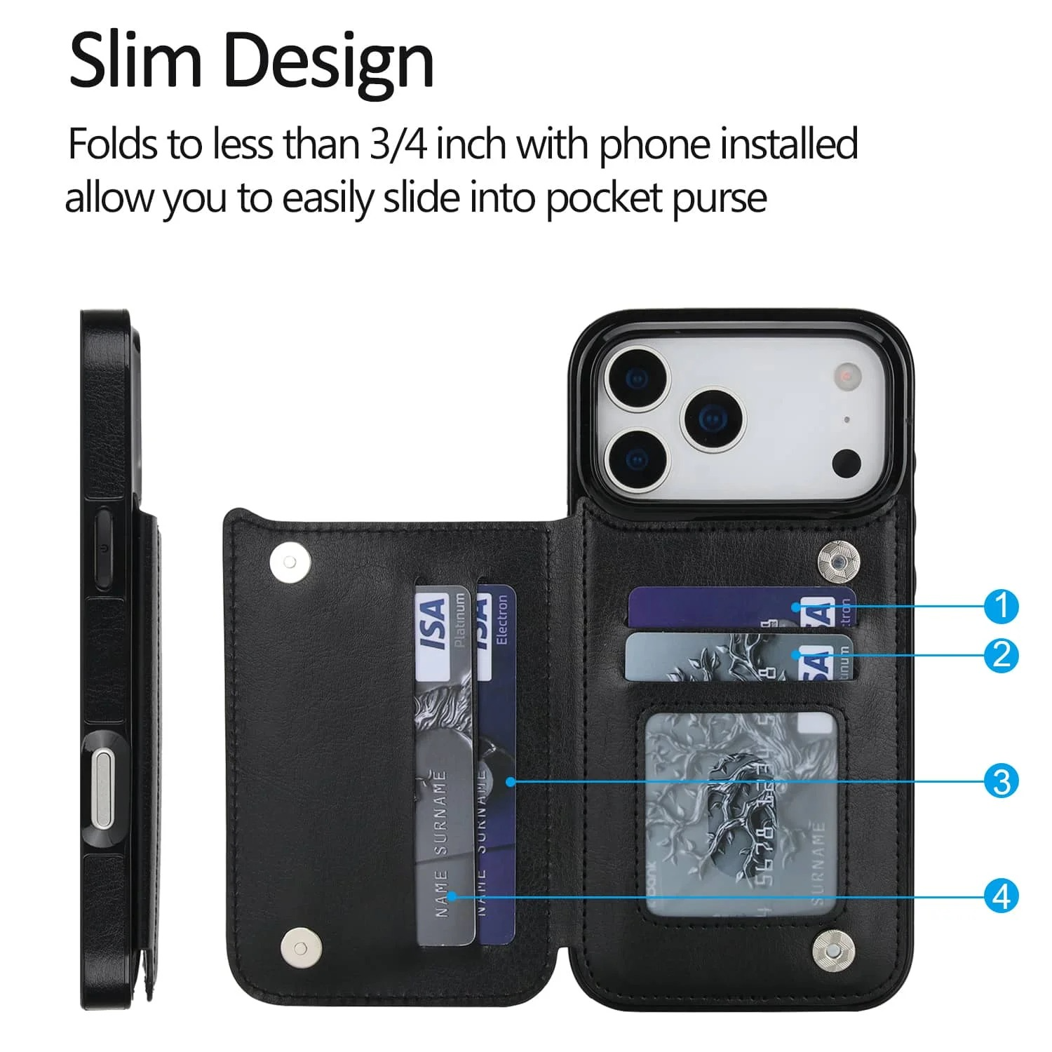 Luxury iPhone Case — Wallet Cover with Card Holder, Faux Leather Kickstand, Double Magnetic Clasp, Durable Shockproof Soft Case, Plain Design