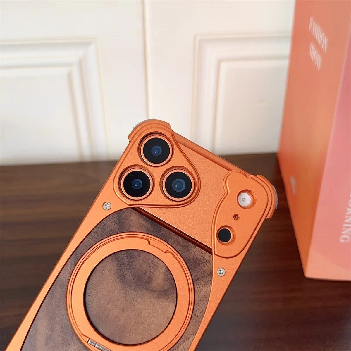 Luxury iPhone Case — Walnut Wood and Aluminum Magnetic Cover with Shockproof Drop-Proof Protection and Built-In Bracket