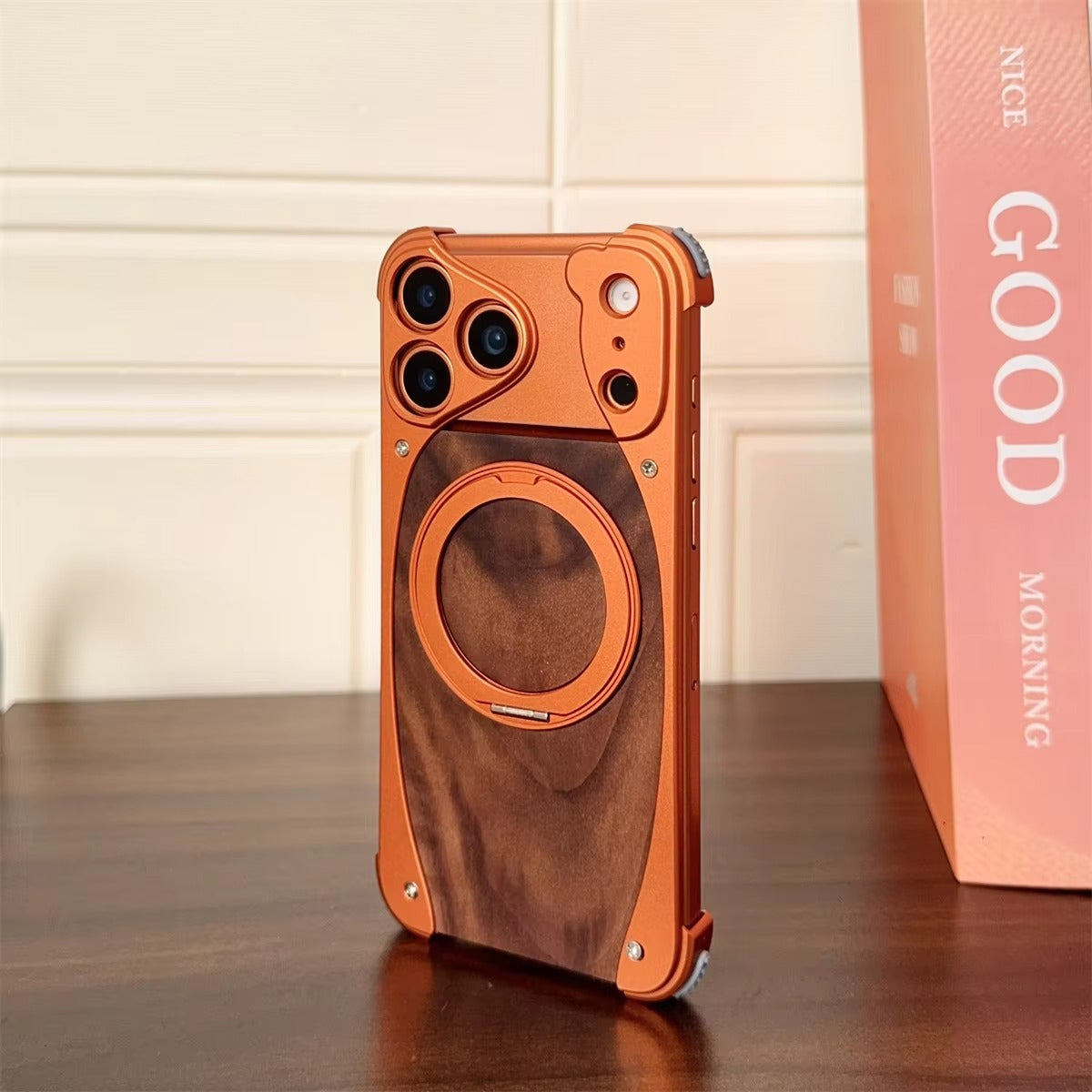 Luxury iPhone Case — Walnut Wood and Aluminum Magnetic Cover with Shockproof Drop-Proof Protection and Built-In Bracket