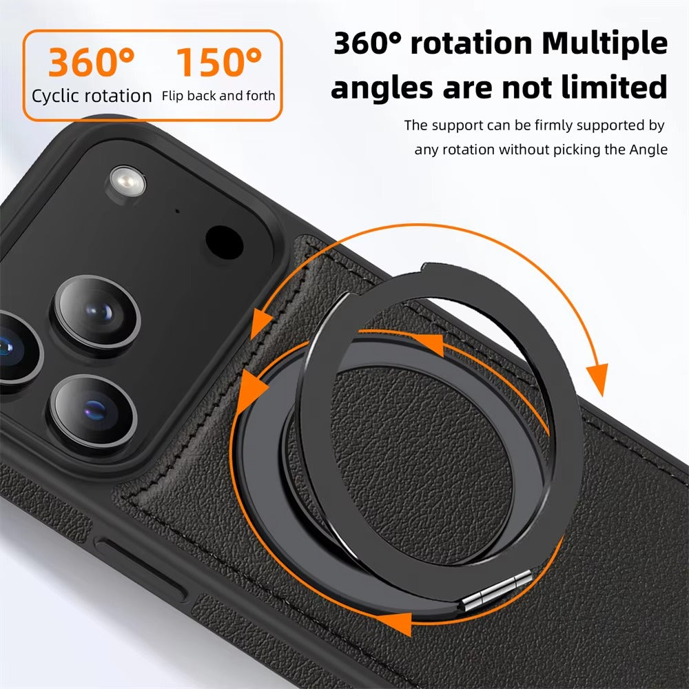 Luxury iPhone Case — Wax PU Leather Magnetic Cover with 360° Rotating Ring Stand, Wireless-Charging Safe Design and Business Shockproof Protection