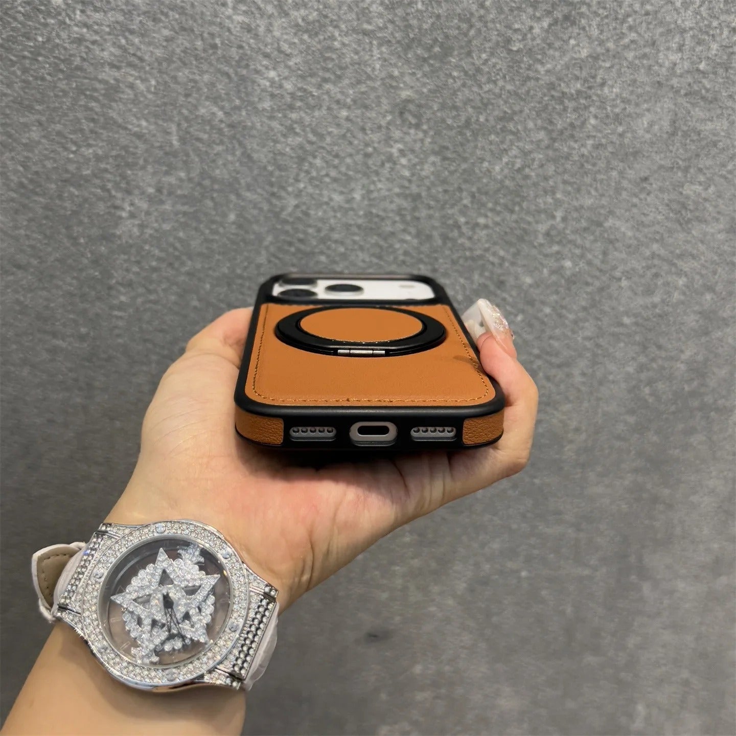 Luxury iPhone Case — Wax PU Leather Magnetic Cover with 360° Rotating Ring Stand, Wireless-Charging Safe Design and Business Shockproof Protection