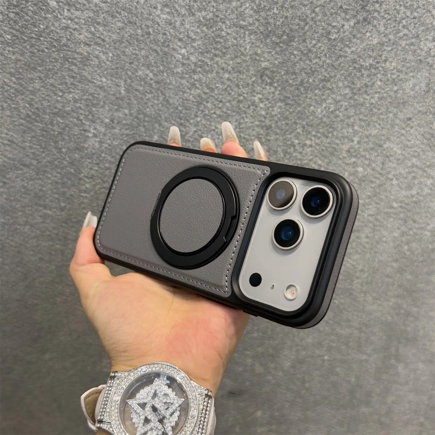 Luxury iPhone Case — Wax PU Leather Magnetic Cover with 360° Rotating Ring Stand, Wireless-Charging Safe Design and Business Shockproof Protection
