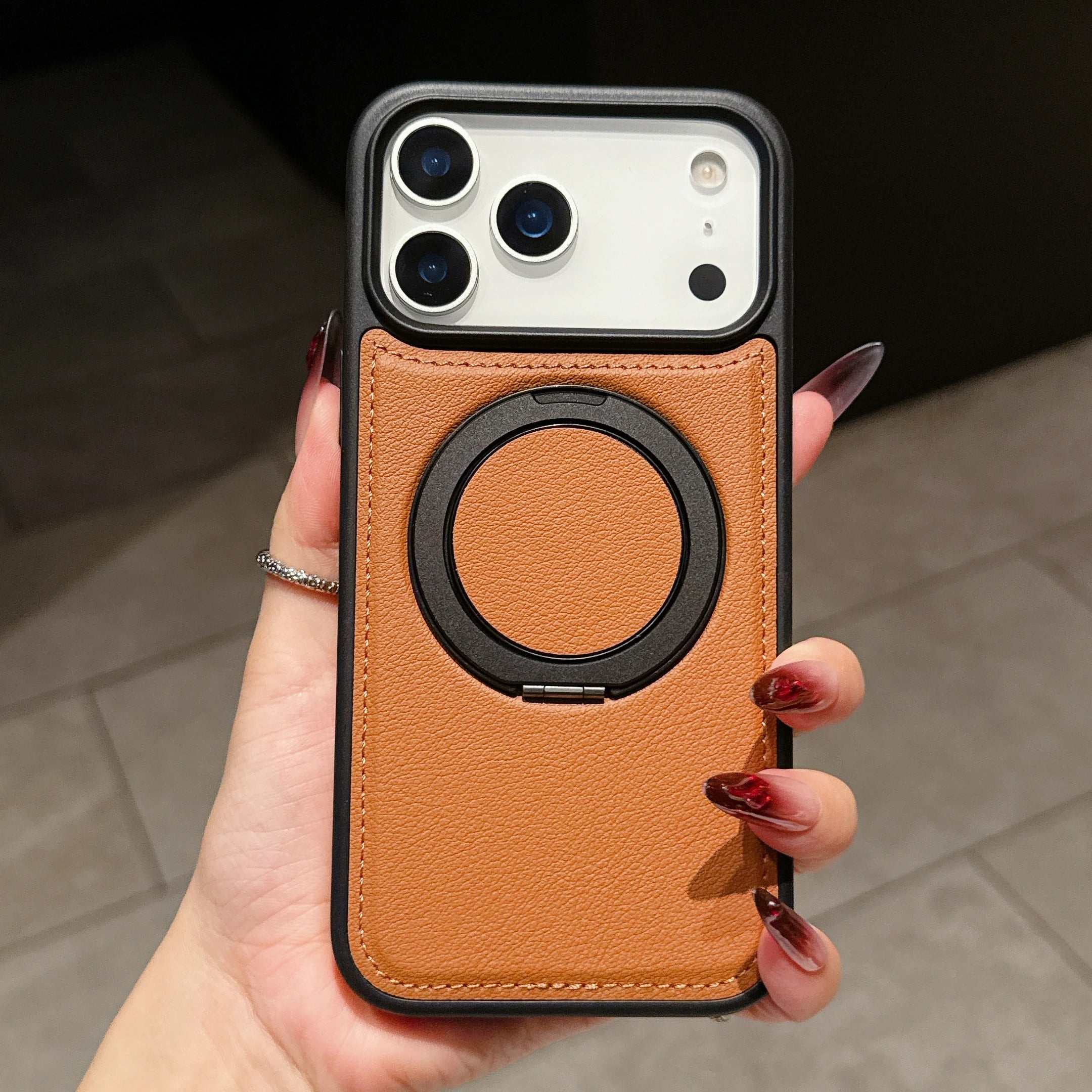 Luxury iPhone Case — Wax PU Leather Magnetic Cover with 360° Rotating Ring Stand, Wireless-Charging Safe Design and Business Shockproof Protection